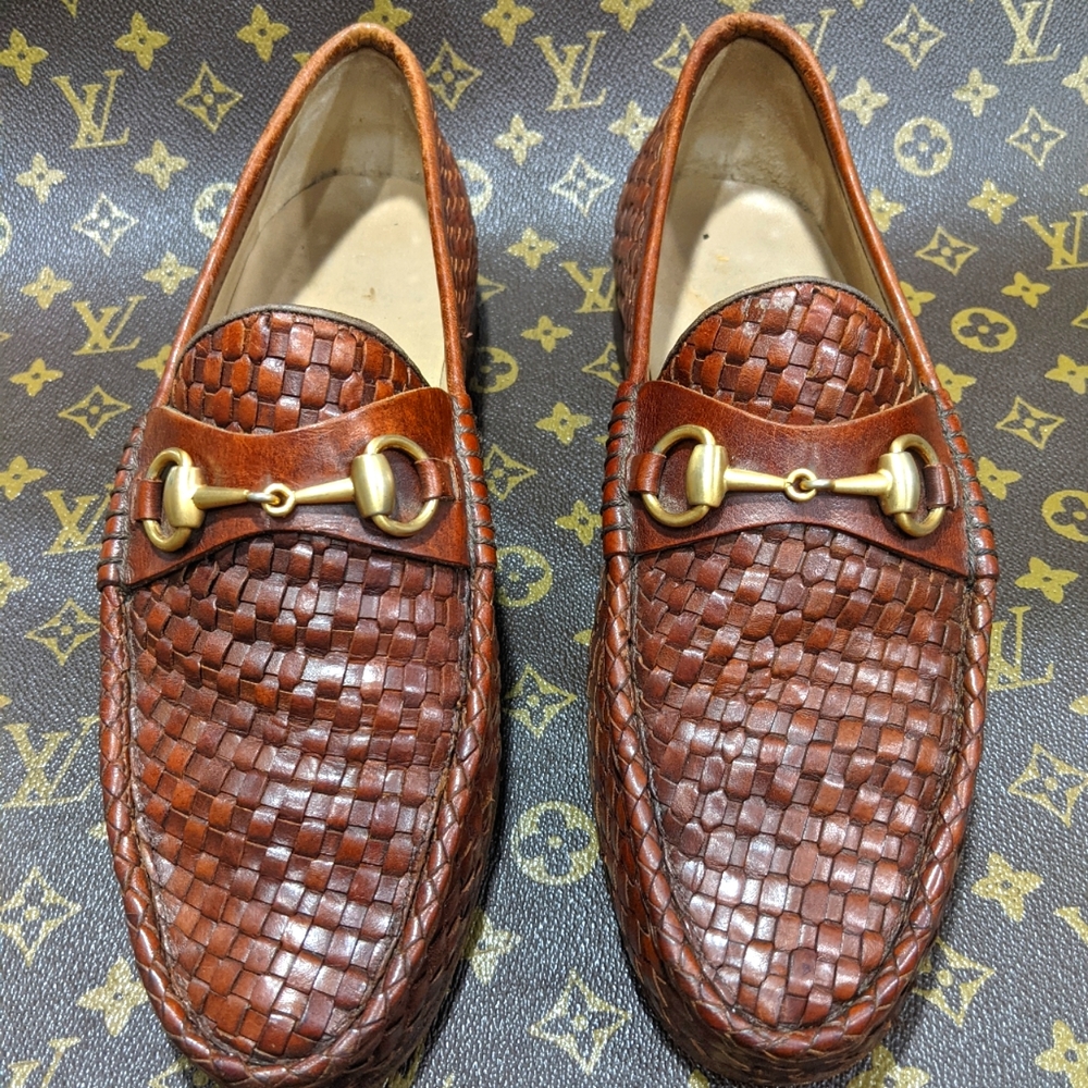 Gucci Brown woven leather bit loafers